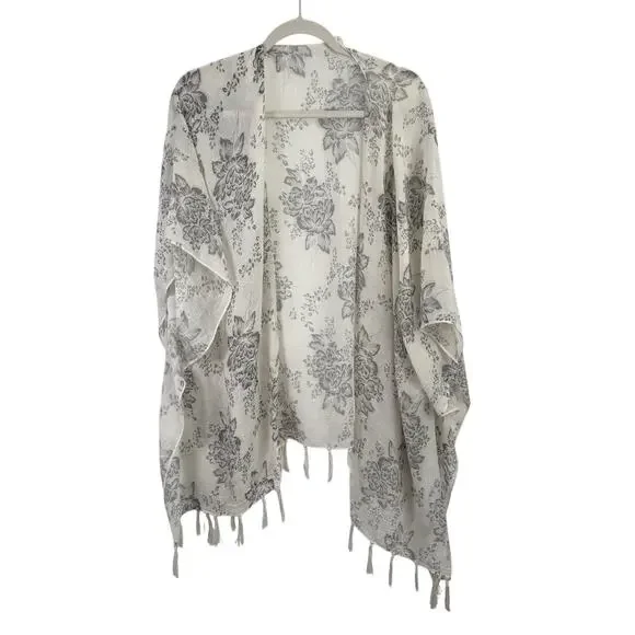 Natural Life Grey White Floral Kimono Wrap Shawl Boho Womens One Size - Picture 1 of 6